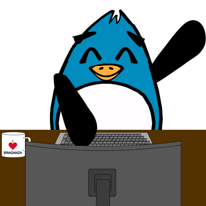 Animation of Braganza penguin trying to type and use phone